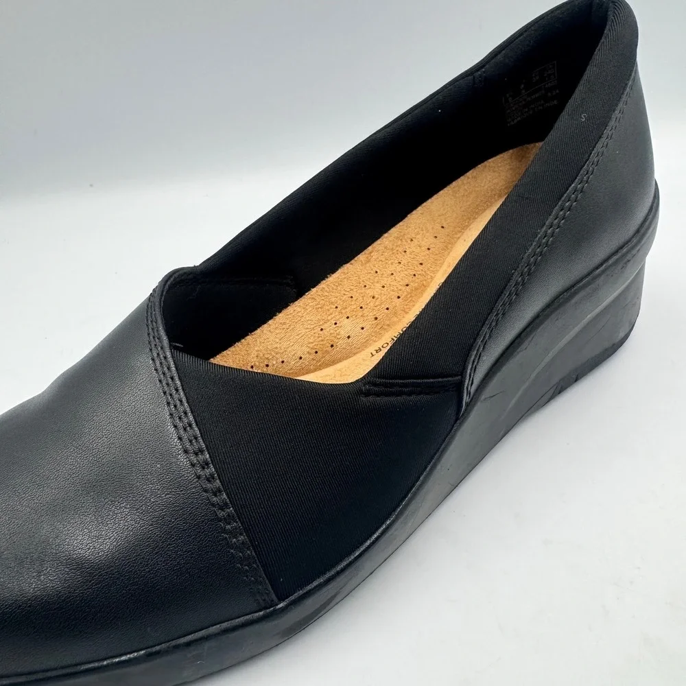 Clarks Collection Black Leather Wedge Pumps Ultimate Comfort Womens 8